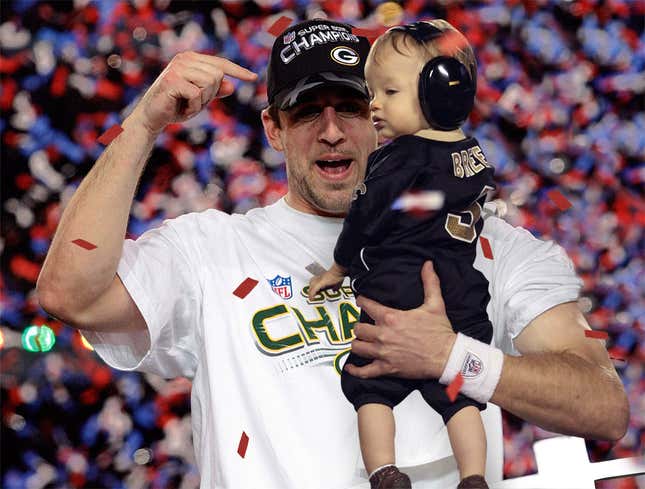 Image for article titled Aaron Rodgers Celebrates Super Bowl Win With Drew Brees&#39; Son
