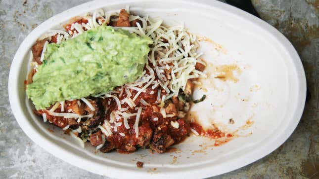 half filled burrito bowl from chipotle