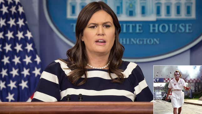 Image for article titled Sarah Huckabee Sanders Denies Doctoring Footage Showing Jim Acosta In Clown Makeup Blowing Up Gotham Hospital