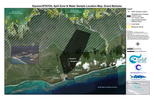 Map of the oil spill zone and Waterkeeper Alliance’s water sample locations in Grand Bahama.