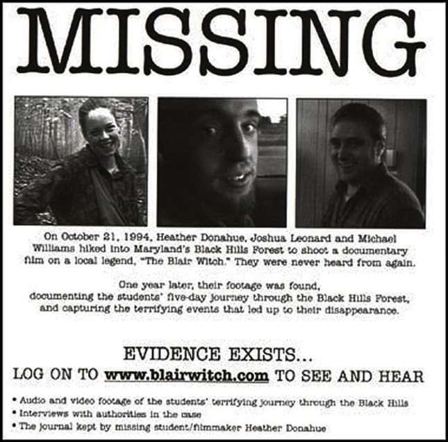 One of the many “missing” flyers passed around film festivals showing The Blair Witch Project.