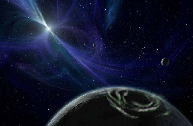 Artist’s impression of the first exoplanet ever discovered, which happens to orbit a pulsar. 