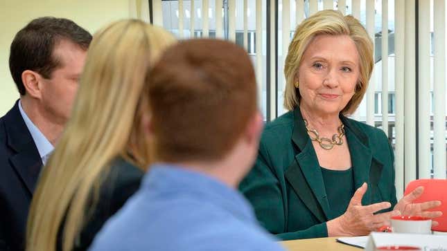 Staffers test Clinton’s emotional responses by reading through a list of triggering phrases such as “rising unemployment,” “first in their family to graduate college,” and “devastated by a tornado.”