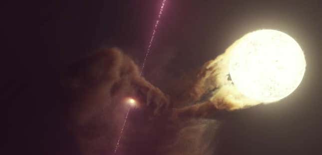 Interpretación artística del microquasar SS 433, con el agujero negro, el disco de acreción y los jets de materia a la izquierda, mientras que su estrella se encuentra a la derecha.