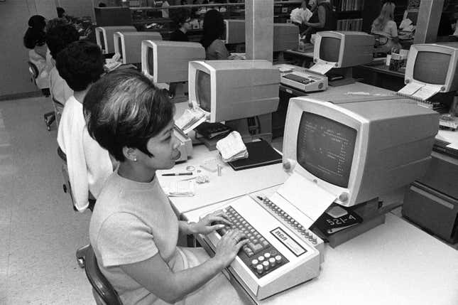 Vickie Wong, operates one of the department’s many Video Data Interrogators in Sacramento, California, Oct. 15, 1969 which feeds questions into a computer and receives an immediate answer.