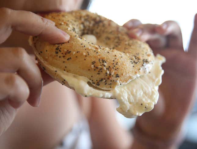Image for article titled Terrified Glob Of Cream Cheese Escapes Bagel