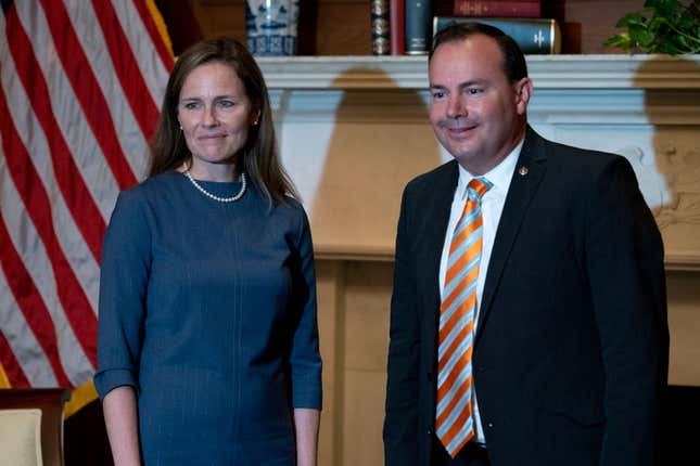 Seventh U.S. Circuit Court Judge Amy Coney Barrett (L), President Donald Trump’s nominee for the U.S. Supreme Court, meets with Sen. Mike Lee (R-UT) as she begins a series of meetings to prepare for her confirmation hearing in the Mansfield Room at the U.S. Capitol on September 29, 2020, in Washington, DC.
