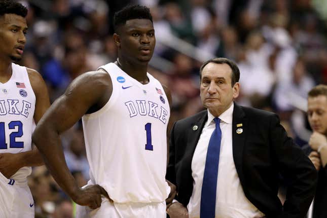 Zion Williamson #1 and head coach Mike Krzyzewski of the Duke Blue Devils talk against the Virginia Tech Hokies during the first half in the East Regional game of the 2019 NCAA Men’s Basketball Tournament at Capital One Arena on March 29, 2019 in Washington, DC.