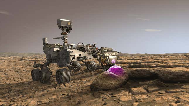 An illustration of PIXL at work analyzing the chemistry of an ancient Martian rock.