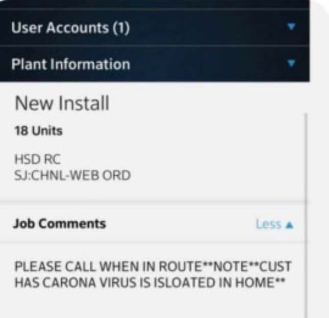 Screenshot of a Charter technician job order that claims the customer has contracted covid-19.