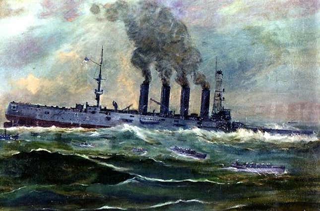“The Sinking of USS San Diego”. A 1920 watercolor of the sinking of USS San Diego in 1918. It shows the ship sinking off Fire Island, New York, after it was torpedoed by a German submarine.