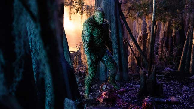 Swamp Thing coming across a dead body.