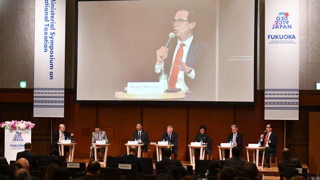U.S. Treasury Secretary Steven Mnuchin talks during a meeting of G20 finance ministers in Fukuoka, Japan on June 7, 2019.