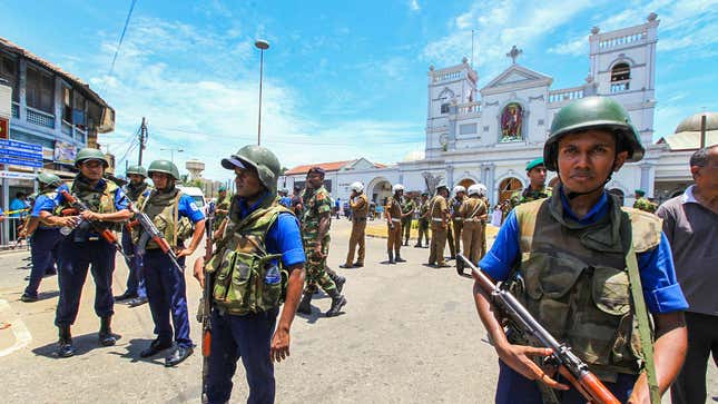 Sri Lankan army troops outside St. Anthony’s Shrine in Colombo on April 21, 2019, which was reported to be a target of the attacks.