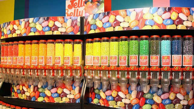 Rows of colorful Jelly Belly dispensers at Dylan's Candy Bar in New York City