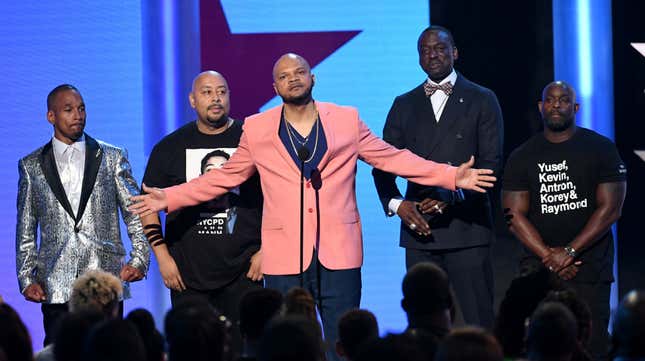 Antron McCray, left, Kevin Richardson, Raymond Santana, Korey Wise, and Yusef Salaam (the Exonerated Five) speak onstage at the 2019 BET Awards