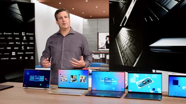 Chris Walker, Intel Corporate Vice President and GM Mobile Client Platforms, shows off some of the laptops to include Intel’s 11th-gen processors with Iris Xe Graphics.