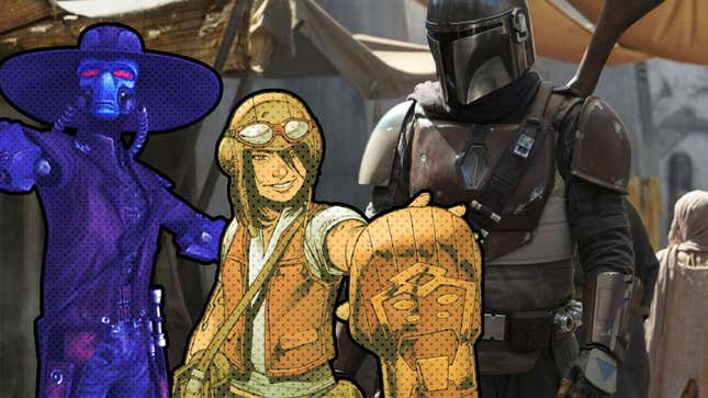 A collage shows Cad Bane, a woman with an artifact and The Mando all together. 