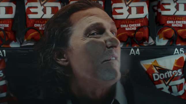 Still from the Doritos 3D commercial with McConaughey trapped in a vending machine
