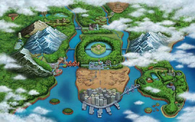 The Unova region, as seen in promotional art for Pokémon Black and White.