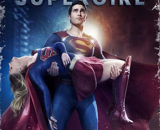 This promo of Earth-28 Superman (Tyler Hoechin) holding a dead Supergirl (Melssa Benoist) is from Supergirl season 2, but it’s a Crisis reference, so oh well.