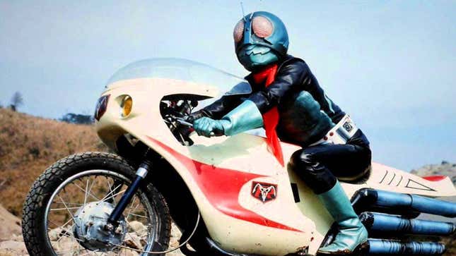 Takeshi Hongo, the original Kamen Rider, takes to his trusty bike.