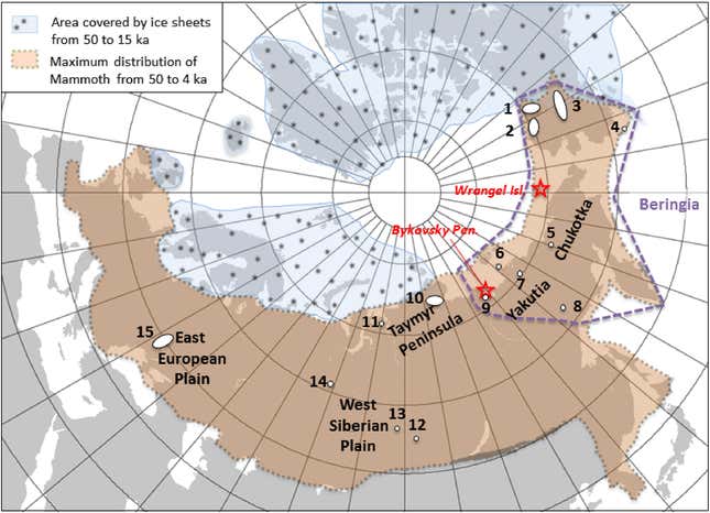 Map showing the locations of mammoth remains used in the new study (1 ka = 1,000 years).