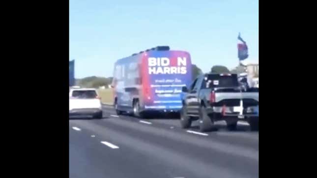 Image for article titled Drivers Flying Trump Flags Surround Biden-Harris Campaign Vehicles on Texas Highway, Attempt To Run Bus off the Road