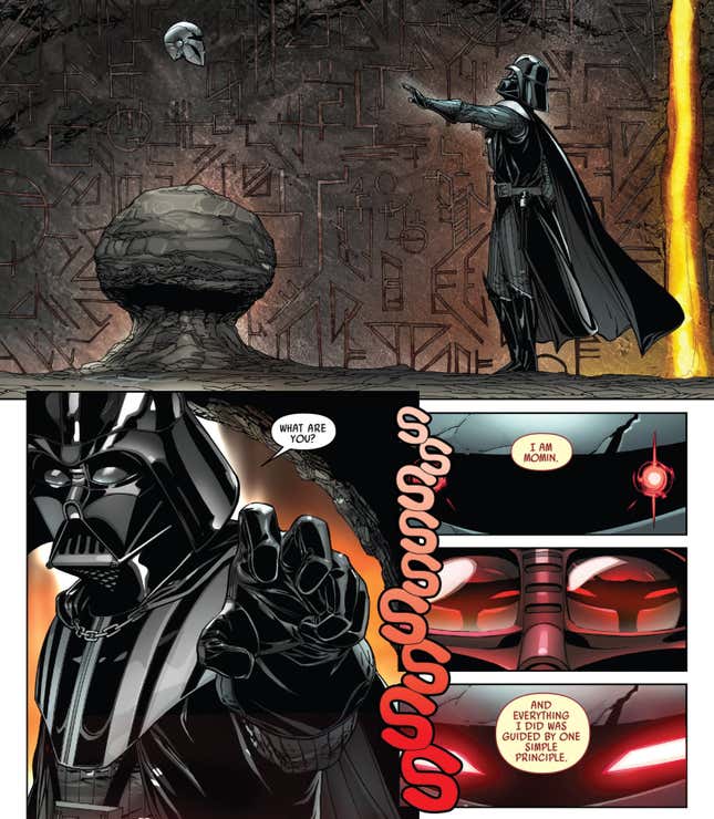 El espíritu de Lord Momin está ligado a una máscara.
Imagen: Giuseppe Camuncoli, Daniele Orlandini, David Curiel, Dono Sánchez-Almara, and Joe Caramagna (Marvel Comics)