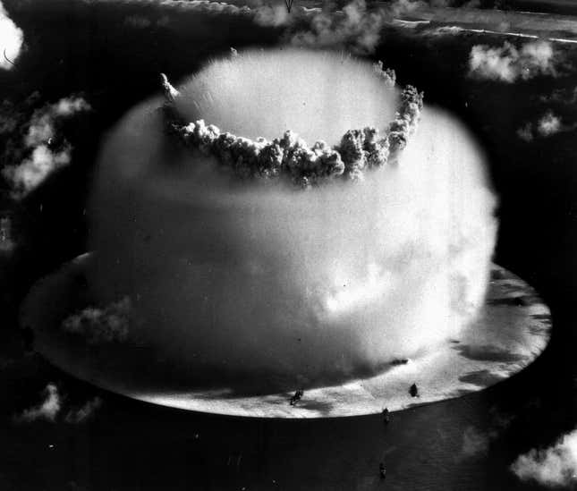 In this July 25, 1946 file photo, a huge mushroom cloud rises above Bikini atoll in the Marshall Islands following an atomic test blast, part of the U.S. military’s “Operation Crossroads.”
