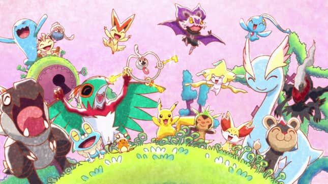 A bunch of Pokémon celebrating a Klefki, a Pokémon that’s literally just a ring with some keys on it.