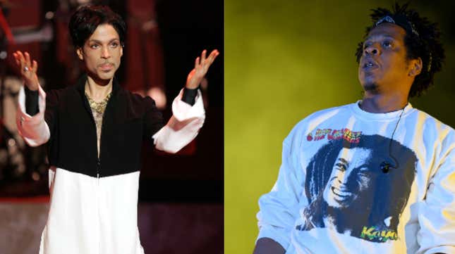 (L-R): Musician Prince is seen on stage at the 36th NAACP Image Awards on March 19, 2005 in Los Angeles, California. Prince was honored with the Vanguard Award. ; Jay-Z performs onstage at SOMETHING IN THE WATER - Day 2 on April 27, 2019 in Virginia Beach City. 