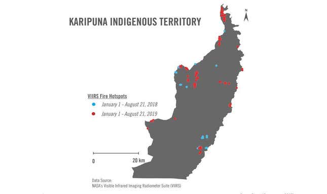 The number of fires on the Karipuna indigenous territory has increased four times so far this year compared to last.