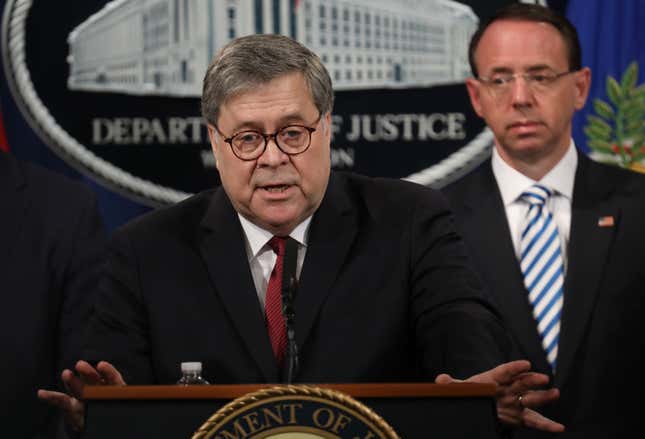 Attorney General William Barr speaks during a press conference on the release of the redacted version of the Mueller report at the Department of Justice April 18, 2019 in Washington, DC.