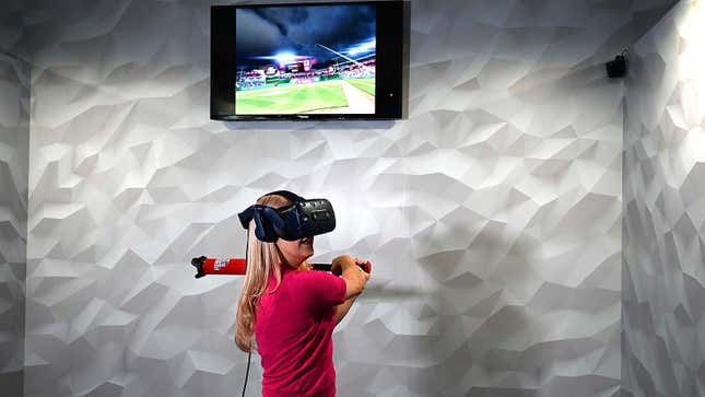 Now, instead of needing Vive controllers to set up a game, the only thing you need to play MLB’s Home Rub Derby is a Vive Eye Pro and a tracker on the bat.