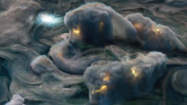  Artistic depiction of electrical storms on Jupiter, using data obtained by NASA’s Juno mission.
