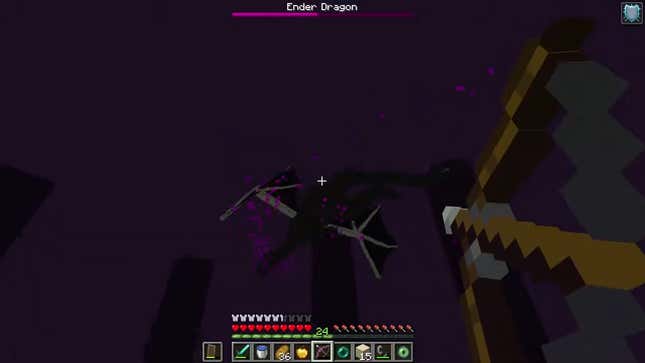 Fighting the big dragon at the end of Minecraft