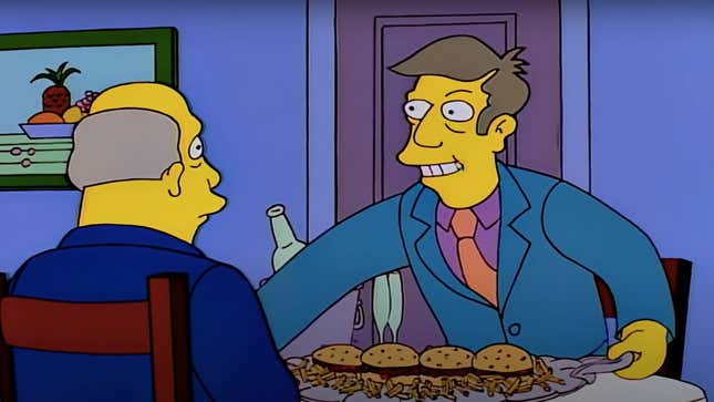 Chalmers, Skinner, and the notorious steamed hams, which are obviously grilled