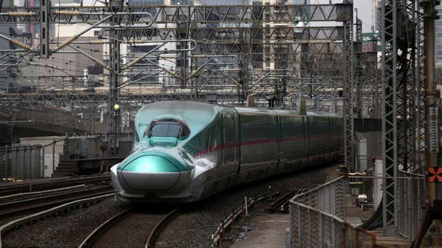 One of the trains running on Japan’s high-speed rail network (the Shinkansen), which is run by the Japan Railways Group, seen in Tokyo in 2016. Stock photo.