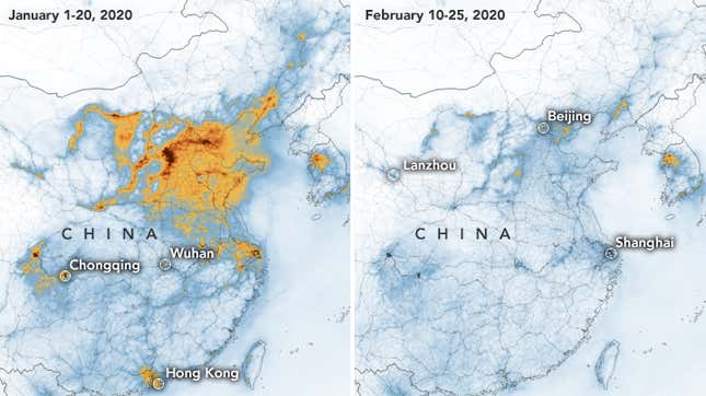 The graphic above maps the density of nitrogen dioxide concentrations (the noxious gas released by cars and industries that’s known to cause health problems) across China before and after coronavirus quarantines went into effect.