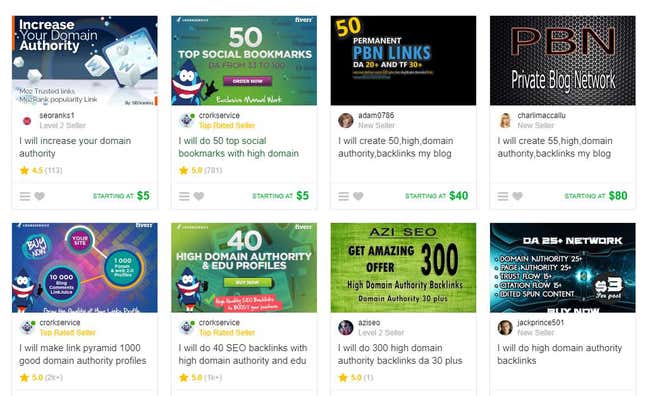 Search results on Fiverr, the service marketplace, for “Domain authority 40+”