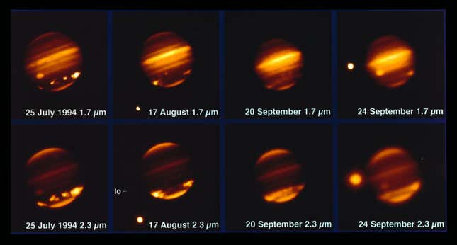 Comet Shoemaker-Levy 9 impacting Jupiter in 1994.