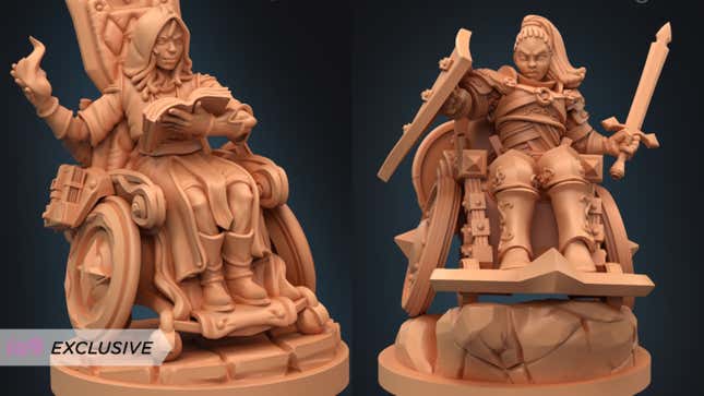 Strata Miniatures’ new Half-Elf Wizard (left) and Human Fighter (right) combat wheelchair miniatures.