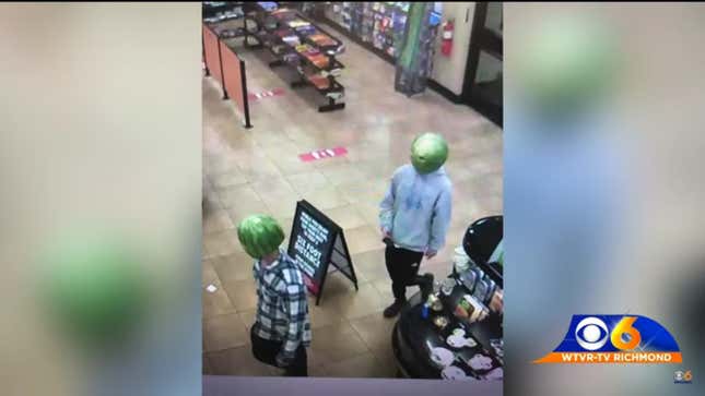 Image for article titled Maybe a watermelon mask isn’t the best disguise for committing robbery