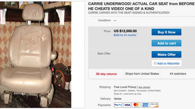 Image for article titled Who Will Buy the Car Seat From Carrie Underwood&#39;s &#39;Before He Cheats&#39; Video for $12,000 on eBay?