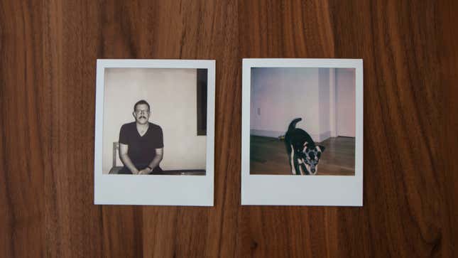 The black and white Polaroid on the left was taken in low light outside with a flash. The color Polaroid on the right was taken inside with a flash. Both look pretty bad. Photo: Adam Clark Estes/Gizmodo.