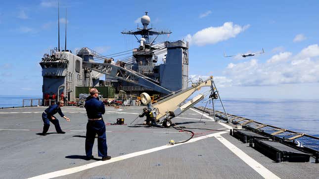 A Boeing ScanEagle drone is launched from the USS Gunston Hall. Photo credit: U.S. Navy