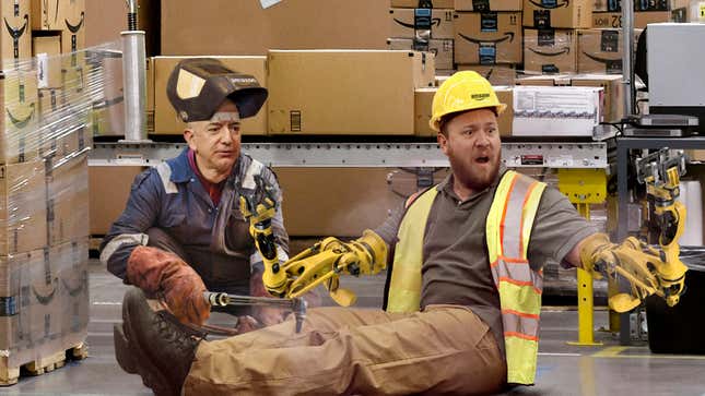Image for article titled Horrified Amazon Worker Awakes From Warehouse Accident To Find Jeff Bezos Welding Mechanical Limbs Onto Stumps Where Arms Used To Be