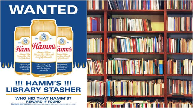 Left: Hamm’s seeks the person responsible for the hidden beer. Right: Library shelves behind which untold treasures might be lurking.