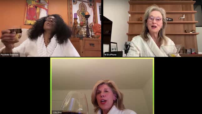 Image for article titled Here are Meryl Streep, Christine Baranski, and Audra McDonald drinking and singing Sondheim in their robes